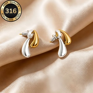 Boucles d'oreilles en acier inoxydable au design original, style goutte d'eau, pour femmes, couleur contrastée or et argent, style français, luxe léger - Product Image 4