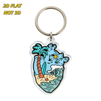 Porte-clés en acrylique Tropical Heart découpé, scène de plage avec palmier, planche de surf et vagues pour les voyageurs, les surfistes, les amateurs d'été