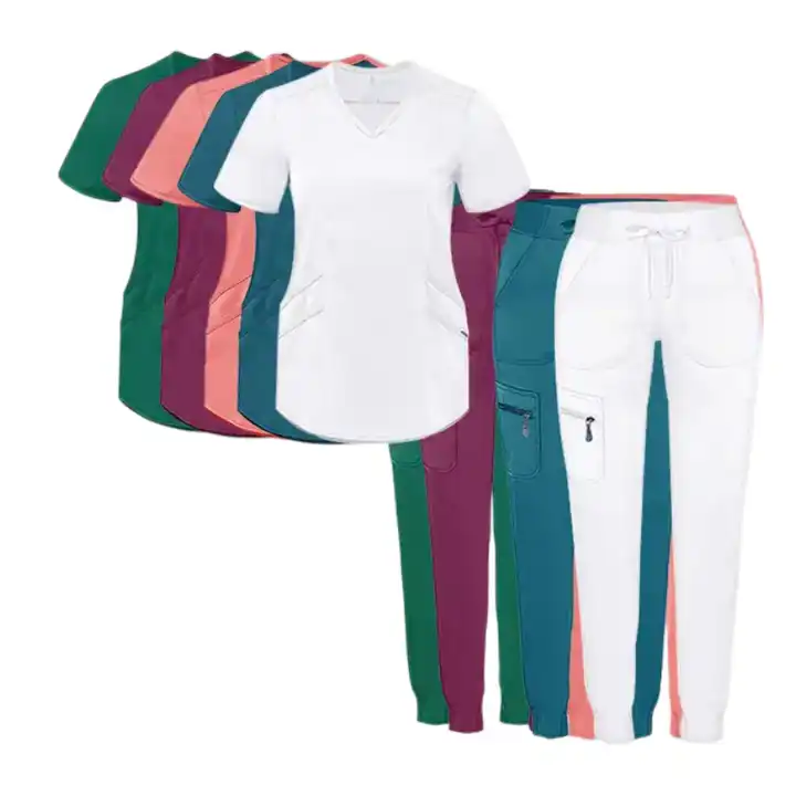 Grosir wanita Jogger peregangan perawatan rumah sakit seragam medis Set Scrub Logo kustom Scrub seragam Set modis Woven