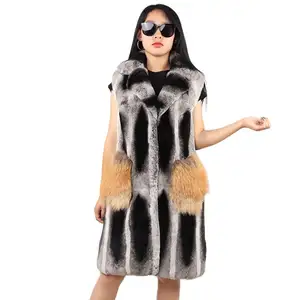 new design real rabbit fur vest with winter long fluffy women new thick turn down collar fox fur patch pocket fur gilet