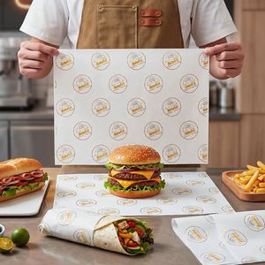 Papier d'emballage alimentaire vierge personnalisé avec logo, résistant à la graisse et à l'eau, enduit de PE, écologique, recyclable, emballage en papier jetable - Product Image 6