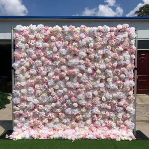 कस्टम बरगंडी 3डी 5डी फूलों की दीवार हार्ट वेडिंग पृष्ठभूमि सजावट रेशम का कपड़ा कृत्रिम पुष्प दीवारें स्टैंड के साथ फूल पैनल