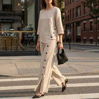 Ensemble décontracté femme 2026 : chemise en lin mélangé et pantalon large, tenue deux pièces boutonnée à ourlet irrégulier pour printemps-été