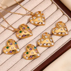 Statement Colorful Zircon Pendant Necklace 18k Gold Plated Jewelry Set Stainless Steel Necklace Earring