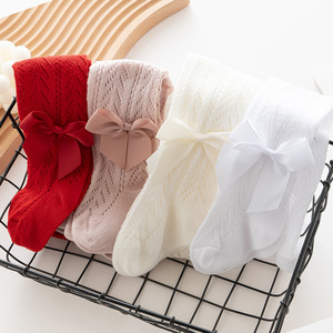 Medias largas de malla para bebés de 0 a 2 años, medias finas de estilo español con lazo y agujeros, blancas, primavera y verano - Product Image 4