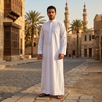 Offre Spéciale : Robes Blanches Décontractées pour Hommes avec Col Contrastant et Nouvelle Robe Longue Blanche de Prière Aïd pour Hommes, Style Dubaï Thobe Jubba Kaftan