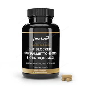 Cápsulas para el cabello bloqueadoras de DHT de etiqueta privada con Saw Palmetto 500mg Biotina <span class=keywords><strong>10000</strong></span> Suplemento para el cabello Regrow Hair 60 Cápsulas - Product Image 1