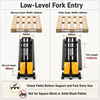 Gerbeur semi-électrique en gros 1000 kg, levée 2000 mm, mât 1580 mm, fourches étroites/larges 1150 mm, hauteur de levée basse 88 mm, batterie 12V 120Ah