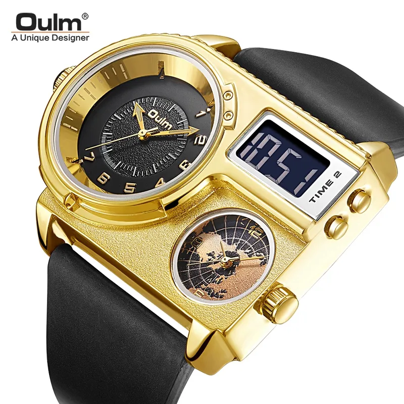 Oulm 5026 Men's Sport Watches 3 Time Zone Fashion LED Digital Watch Male Big Dial Quartz Clock Leather Wristwatch reloj hombre