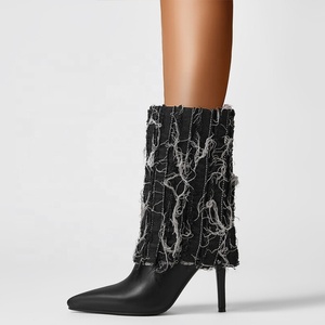 Denim Fold Over Stiletto Women High Thin Heels Booties Big Size 46 Short Ankle <b>Boots</b> Fancy Overlay Retro Shoes - Product Image 1