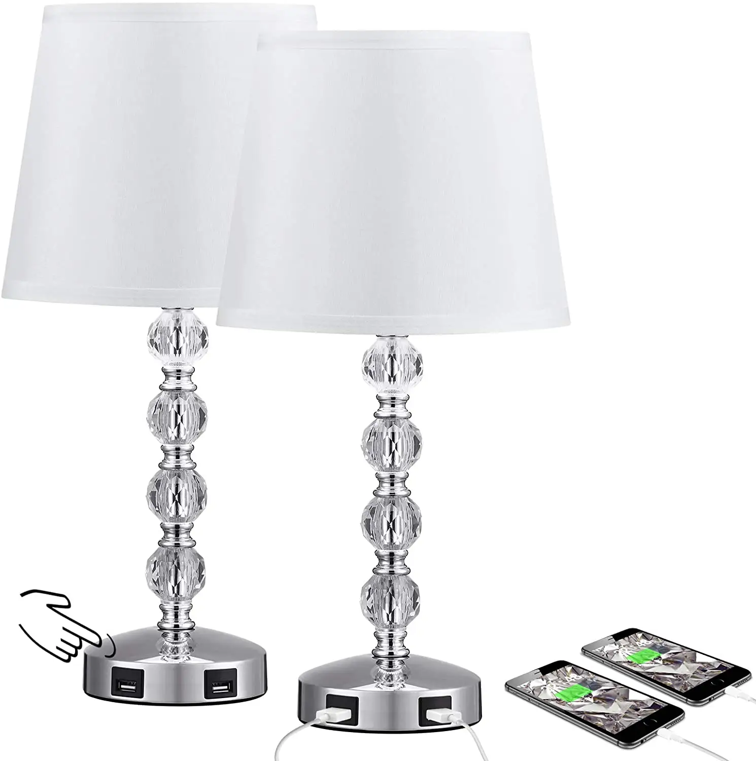 Touch Control Cute Crystal Table Lamp with 2 USB Charging Ports Bedside Light