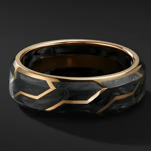Fashion New stainless steel Mens Rings 18k Gold Plated Forged Carbon Band with 18K Gold ring 8.5mm