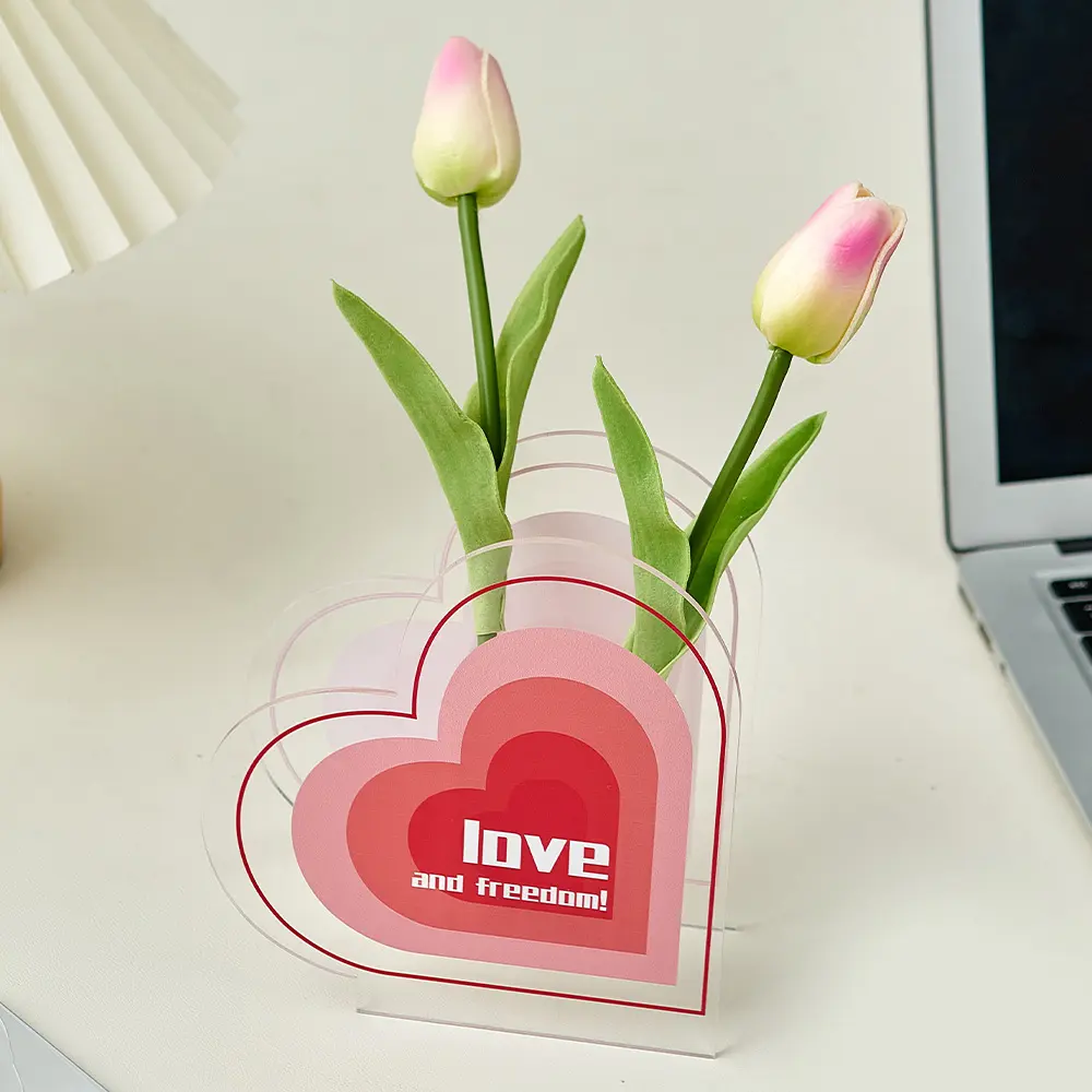 현대 크리 에이 티브 튤립 플러시 가상 꽃 모양 심장 아크릴 꽃병 펜 홀더 장식 거실 장식