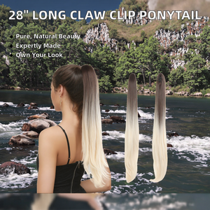 Women 28" Synthetic Clip-in Claw Clip Pony Tail Long Straight Hair <b>Extension</b> 100% Human Hair - Product Image 2