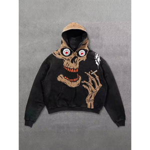 <span class=keywords><strong>Felpa</strong></span> <span class=keywords><strong>con</strong></span> Cappuccio Oversize Gotica di Alta Qualità <span class=keywords><strong>con</strong></span> Stampa <span class=keywords><strong>Scheletro</strong></span> e Fuoco Vintage Lavata Personalizzata - Product Image 3