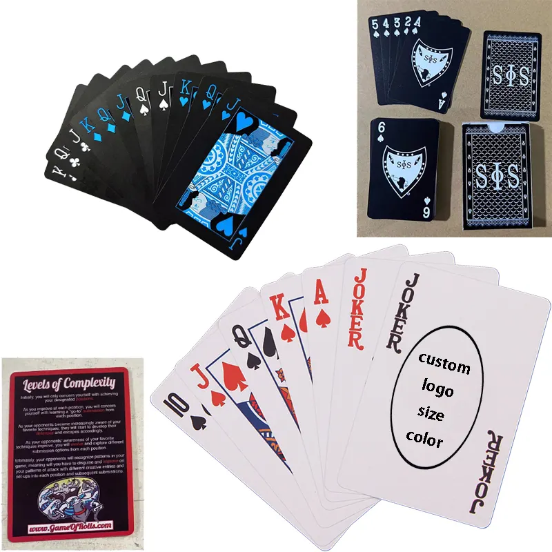 Kustom dicetak bermain ukuran kartu 2.5 inchesx3.5 sudut bulat set poker kartu dek poker bermain emas hitam putih warna biru