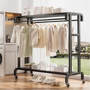 Double-<b>Rod</b> Thick Metal Cloth Rack Hooks 150cm Large Capacity Clothing Bedding Bag Organizer Modern Garment Rack for Living Room - Product Image 1