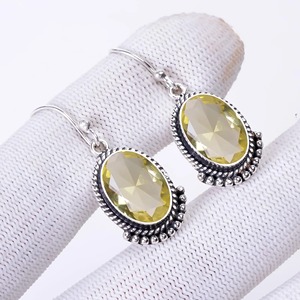 925 Sterling <b>Silver</b> Plated Bohemian Style <b>Earrings</b> Fashionable Yellow Lemon Quartz Gemstone Natural Stone Bezel Anniversary - Product Image 6