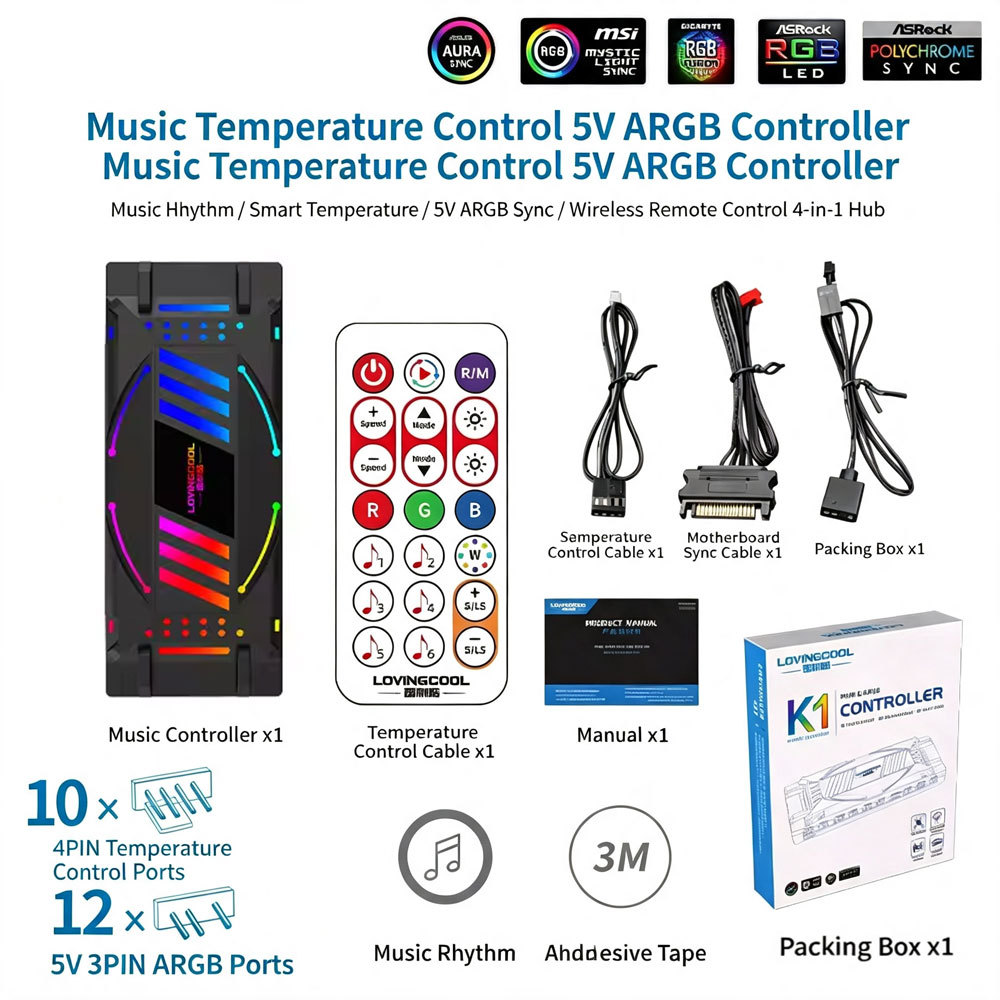 Black 5v three-pin temp control argb controller-music edition