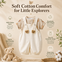Ensemble barboteuse et short à bretelles pour bébé ours 100% Coton, tenue de boutique pour enfant, personnalisable OEM Marque Privée