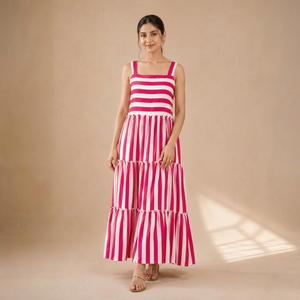 Vestido Maxi Bohemio de Algodón a Rayas Rosas, Sin Mangas, con Volantes, Largo, Casual, Cuello Cuadrado, Ecológico, Vestido de Verano, Ropa de Playa - Product Image 1