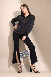 Pantalones de Mujer Negros de Corte Recto, Cintura Alta, Formales, con Detalle de Abertura Frontal para Oficina y Uso Casual - Product Image 6