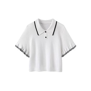 Women's Polo Shirt Short Sleeve Ruffle Trim Knitted White With <b>Black</b> <b>Edge</b> Summer Casual Wear - Product Image 5