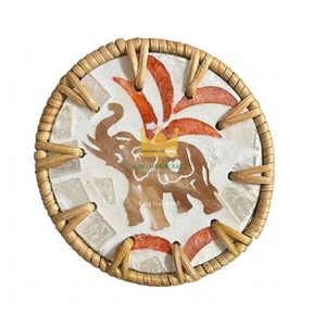 Natural Rattan and Shell Mosaic Coaster Set Handmade Round Drink Mats Coastal for Home Decor - Product Image 1