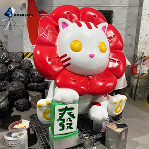 Installation de Fortune Cat-Félin en fibre de verre personnalisé avec motifs de fleurs rouges et de pièces d'or pour l'image de marque au détail - Product Image 2