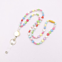 Collier porte-badge en résine plastique en forme de cœur couleur macaron, breloque cœur en acrylique, fermoir mousqueton en alliage, boucle à tirer facilement