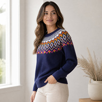 Pull col rond jacquard Fair Isle bleu marine pour femme, motif géométrique, tricoté avec bordure côtelée, OEM/ODM