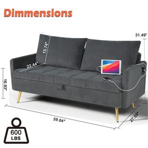 Sofá Divano de terciopelo Loveseat con almacenamiento Love Seat, sofás <span class=keywords><strong>para</strong></span> dormitorio, sala de estar, oficina, dormitorio, puertos de carga USB - Product Image 2