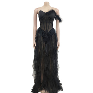 Elegante hermoso volantes <span class=keywords><strong>fiesta</strong></span> pluma Vestido largo <span class=keywords><strong>de</strong></span> malla Maxi <span class=keywords><strong>ver</strong></span> a través del vestido Sexy <span class=keywords><strong>vestidos</strong></span> transparentes - Product Image 2