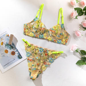 Set Lingerie Seksi dengan Tali Neon, Bordir Bunga, Bra dan Thong dari Jaring Transparan dengan Renda Bunga, <span class=keywords><strong>2</strong></span> Potong Pakaian Dalam Eksotis - Product Image 1