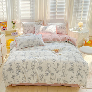 طقم سرير منزلي فاخر من القطن المغسول بالماء، عازل للرياح، مكون من أربع قطع، مناسب لجميع الفصول، دافئ، بلون واحد ونقشة زهور بسيطة - Product Image 3
