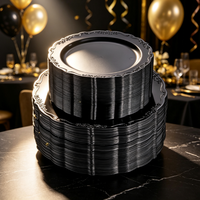 Assiettes jetables en plastique noir en gros, assiettes rondes à bord gaufré vintage pour mariage, anniversaire, banquet