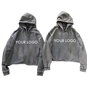 Sudadera con capucha corta vintage lavada con dobladillo sin rematar, hombros caídos, efecto deshilachado, logotipo personalizado, estilo streetwear, venta al por mayor - Product Image 5