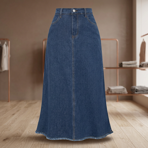 Jupe midi pour femme en denim respirant de haute qualité, coupe droite, ajustée, avec broderie à sequins et fronces - Product Image 3