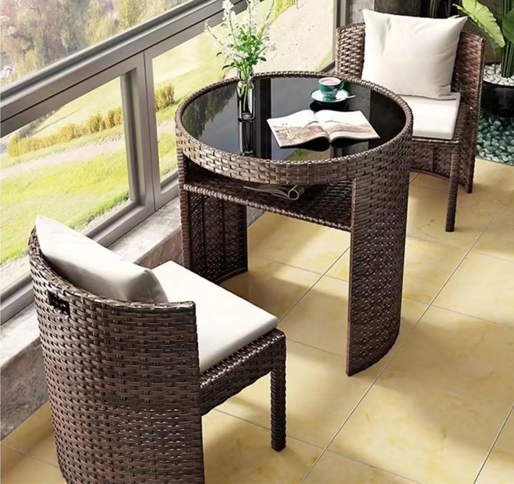Modern 3 adet balkon Rattan mobilya bahçe hasır salonu koltuk takımı dış mekan yemek masası sandalyeler yerden tasarruf veranda seti parkı ev