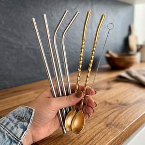 Metal <b>Drinking</b> <b>Straws</b> Set of 5 Reusable Stainless Steel Bar Accessories Minimalist Design Gold and Silver Tones - Product Image 2
