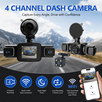 Mini caméra de tableau de bord WIFI 4 canaux 1080P 360° avec 8 lumières infrarouges, vision nocturne, 150 degrés avec objectif arrière, DVR de voiture, surveillance de stationnement 24h/24