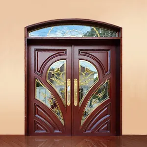 Odern designs-puerta de entrada principal de madera sólida doble con ventana de vidrio, arco redondo residencial de lujo