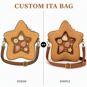 Bolso Ita Personalizado Kawaii Star Biscuit de Cuero PU Color Beige Claro con Ventana en Forma de Estrella, Set de Pines Esmaltados de Postres Dulces y Mochila de Exhibición - Product Image 1