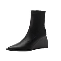 Bottines en microfibre automne vintage au design original et élégant, polyvalentes ; style français à bout pointu, talon compensé de 8 cm, extensibles sur le côté