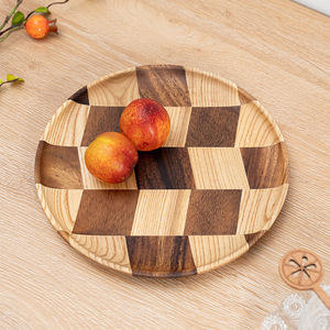 Wooden Checkerboard <b>Tray</b> Acacia Wood Round Serving Plate For <b>Tea</b> Coffee Hotel Use - Product Image 1