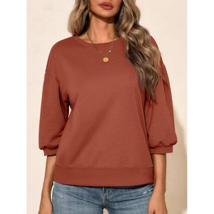 Sudadera de cuello redondo para mujer, manga abullonada, corte holgado, color marrón, informal, para otoño - Product Image 2
