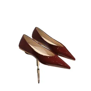 Simple bright surface patent leather shallow mouth pointed flat shoes spring new single shoes red sole nude pointed flat women's