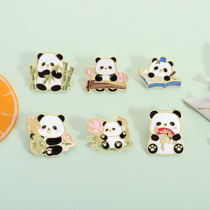 Cute Chinese National Treasure Panda Enamel Pin Cartoon Panda Eating Bamboo Brooch Lapel Badge Animal Jewelry Gift for Friends