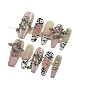 <span class=keywords><strong>Uñas</strong></span> Postizas Hechas a Mano, Diseño de Zebra <span class=keywords><strong>Rosa</strong></span> de Alta Calidad, Arte de <span class=keywords><strong>Uñas</strong></span> Francés, Removibles, Color Blanco Corazón de Cuervo, Aplicación en Dedos - Product Image 1