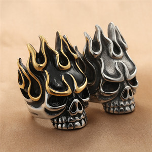 Flame <b>Skull</b> <b>Ring</b> Silver With Gold Accents Men's Punk Jewelry Retro Trendy Geometric Design Gift - Product Image 1